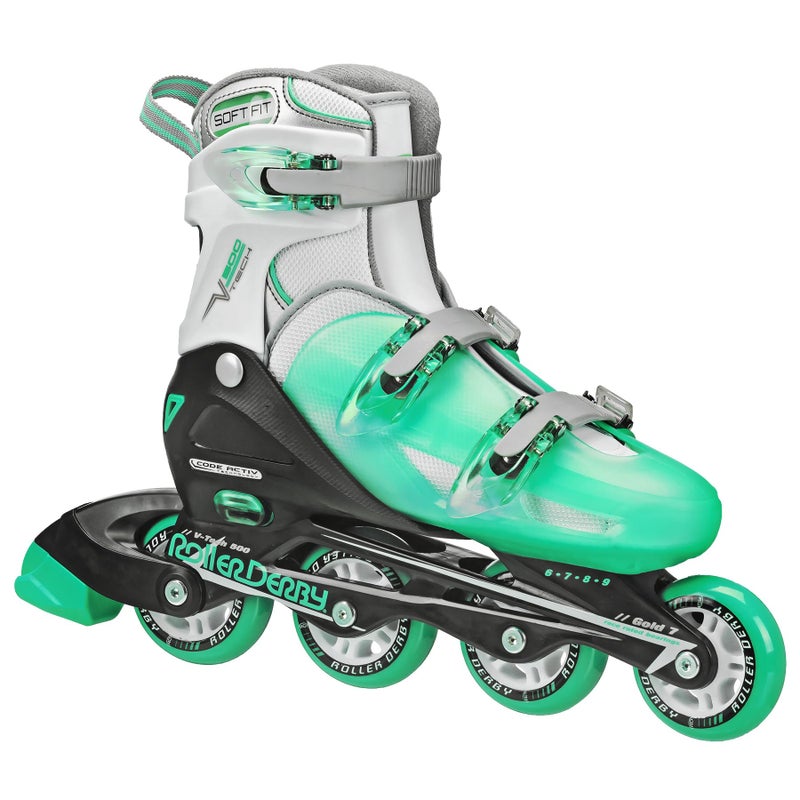 Roller Derby زلاجات رولر ديربي V-Tech 500 القابلة للتعديل للأداء للرجال والنساء والأطفال والمراهقين، كبيرة (6-9)، نعناع - Image 1